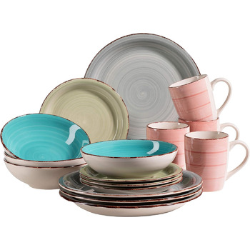 Набір вінтажного посуду з 16 предметів на 4 персони, комбінований керамічний сервіз з ручним розписом, барвистий, керамограніт, димчасто-блакитний/бірюзовий/зелений/рожевий, 931499 Bel Tempo II