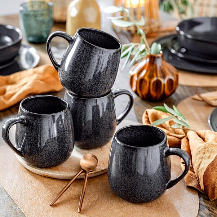 СПІВАЧКА Набір тарілок Балі 12 шт. , Набір посуду 4 персони, Тарілки з керамограніту, Столовий посуд в т.ч. Тарілки обідні, Тарілки для тортів і глибокі тарілки, Тарілки обідні, Столовий сервіз темно-сірий з темним зерном (Кавова кружка 4 шт.)