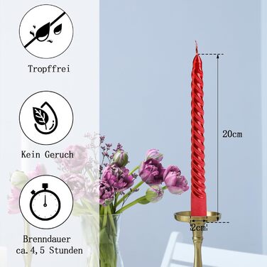 Набір з 4 конічних спіральних свічок 2 x 20 см, червоний Bolosa