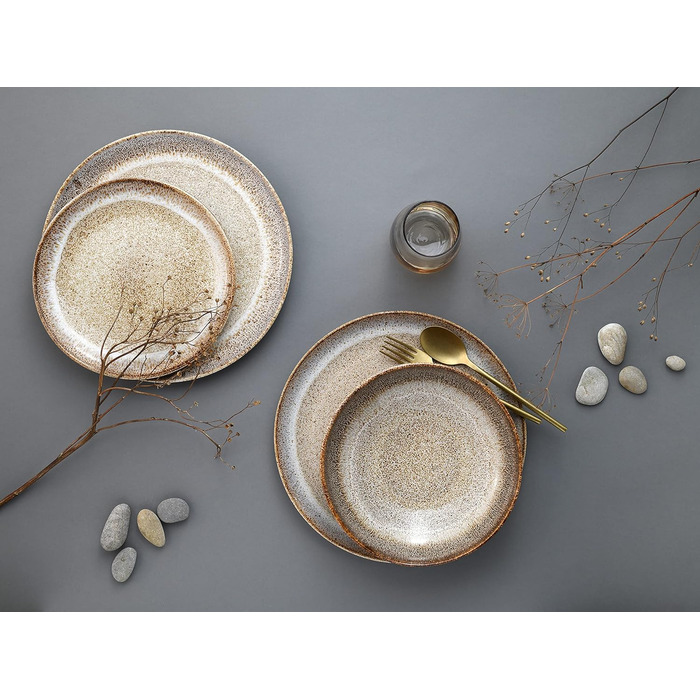 Серія Stone, набір посуду на 8 персон, комбінований сервіз з кам'яного посуду, з можливістю миття в посудомийній машині та мікрохвильовій печі, зроблено в Португалії (обідній сервіз 12 предметів, піщаний камінь), 14437