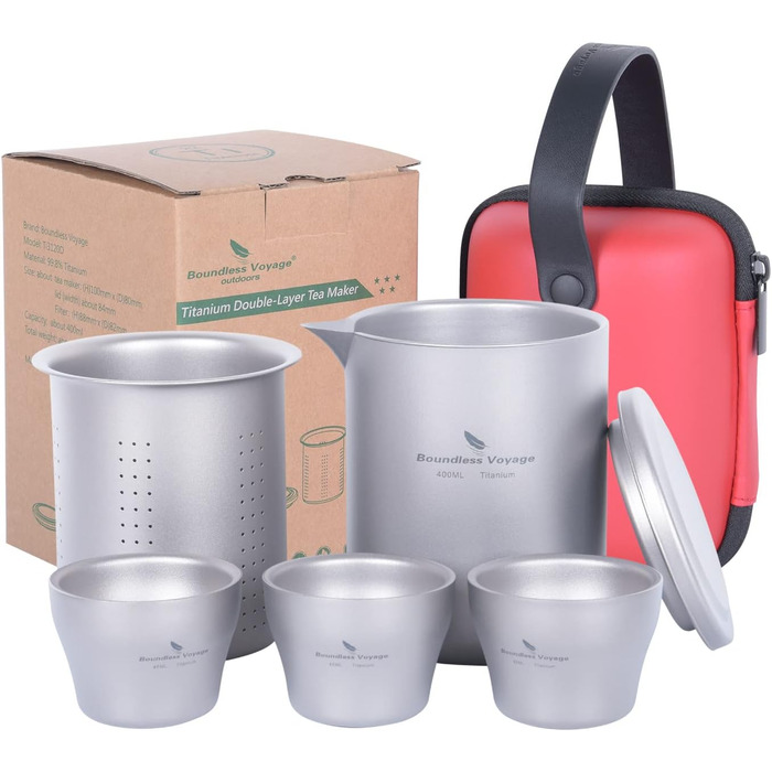 Титановая кофейная кружка с двойными стенками, легкий чайник с фильтром, посуда для кемпинга (Ti3121d-400 мл 45 мл, 3 чашки)