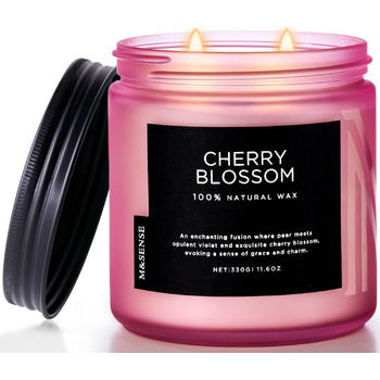 Ароматичні свічки M&SENSE з кавою у скляній банці з 2 гнітами 330 г, час горіння 70 годин, свічка з натурального соєвого воску для спальні, кухні, декору дому, подарункова свічка для чоловіків та жінок, смажена кава (цвітіння вишні)