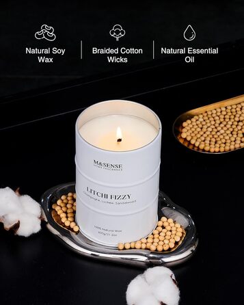 Ароматичні свічки M&SENSE з натурального соєвого воску, натуральна соєва свічка для домашнього декору, тривалий час горіння до 70 годин, класні подарунки для чоловіків та жінок (600 г, лічі, шипучі)