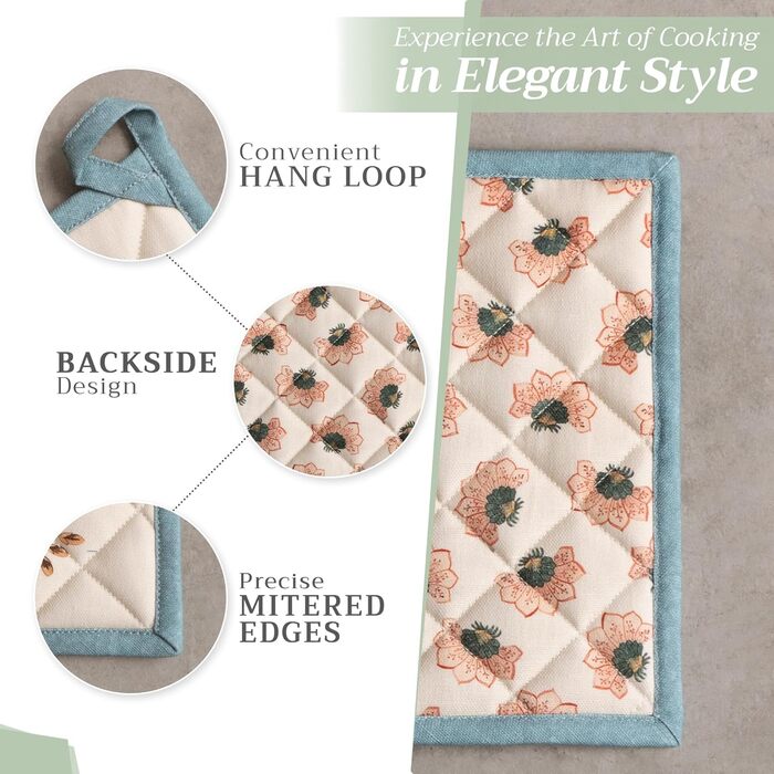 Рукавички для духовки, прихватки для каструль Maison d&39 Hermine, 100 бавовна, термостійкі кухонні рукавички, рукавички для духовки (19 x 33 см) та прихватки для каструль (20 x 20 см) для приготування їжі, Morzine - Рукавички для духовки (19 x 33 см) та 