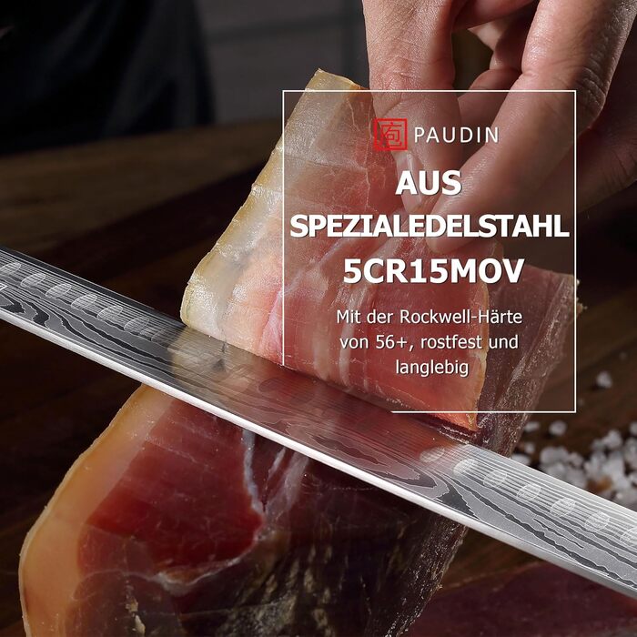 Набір ножів PAUDIN, набір кухонних ножів із 3 предметів з високоякісної вуглецевої нержавіючої сталі, набір ультрагострих ножів із кухарським ножем, тесаком, універсальним ножем, професійним кухарським ножем з рукояткою пакавуд
