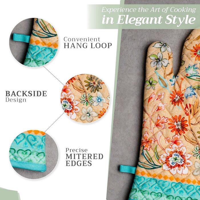 Рукавички для духовки Maison d&39 Hermine, Прихватки для каструль, 100 бавовна, термостійкі кухонні рукавички, рукавички для духовки (19 x 33 см) та прихватки для каструль (20 x 20 см) для приготування їжі, Morzine - Рукавички для духовки (19 x 33 см) та 