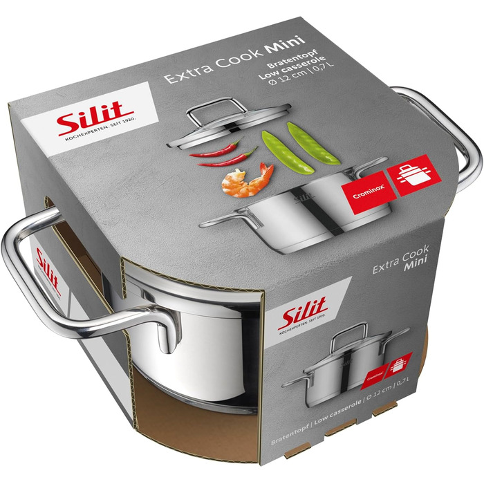 Набір посуду Silit Extra Cook каструлі 12/14 см зі скляною кришкою, внутрішньою мірною шкалою, широким обідком для зручного зливання, з нержавіючої сталі Crominox, для невеликих порцій, компактно складаються, запобігають розтіканню (каструля для смаження,