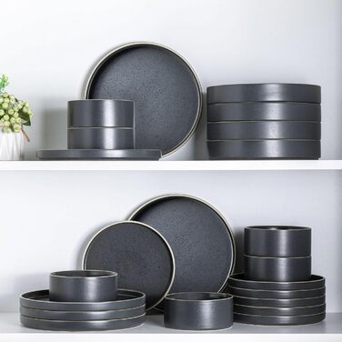 Набір посуду LeRatio для 6 осіб, 18-предметний набір керамічного посуду, керамічна миска та тарілка, стійкі до подряпин (18-предметний набір, антрацитово-сіро-білий обідок з цятками)