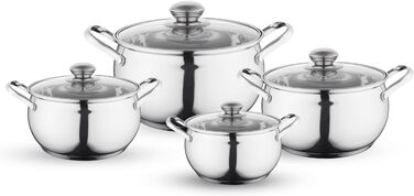 Набір посуду FLORINA 4 предмети Нержавіюча сталь 18/0 Кришка із загартованого скла Для індукційних, газових, електричних та керамічних варильних поверхонь Можна мити в посудомийній машині Високоякісний набір посуду для будь-якої кухні (8 предметів, каштан