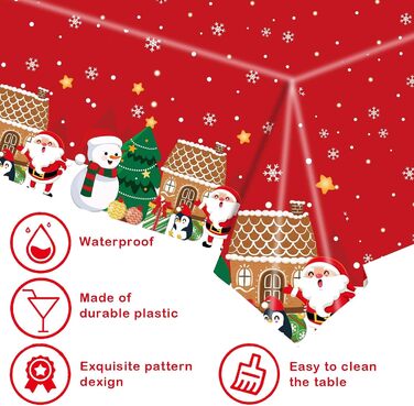 Різдвяні скатертини, одноразові різдвяні скатертини, великі прямокутні скатертини у формі Санта-Клауса, сніговика, обідні скатертини для різдвяної вечірки (137 x 274 см) (червоний фон сніговик), 2