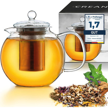 Скляний чайник Creano 1.3 л, скляний чайник із 3 частин із вбудованим ситечком з нержавіючої сталі та скляною кришкою, ідеально підходить для приготування сипучих чаїв, без крапель, моноблок (1,7 л)