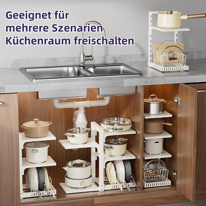 Органайзер для каструль HIMKI для шафи з регульованими відділеннями, тримач для каструль 4/5/7 рівнів, підставка для каструль з тримачем для кришки для кухонної шафи (5 рівнів, білий)