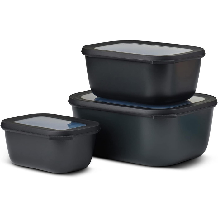 Прямокутний набір Cirqula з 3 предметів - Банки для зберігання з кришкою - Підходить як ящик для зберігання, холодильник, морозильна камера та посуд для мікрохвильової печі - 750, 1500 і 3000 мл - (Nordic Black, набір 3 шт. и (750, 1500, 3000 мл))