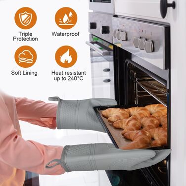 Набір рукавичок для духовки AUAUY, 1 пара силіконових рукавичок для духовки з 2 тримачами для каструль, нековзні кулінарні рукавички, термостійкі рукавички для духовки, рукавички для кухні, приготування їжі, випічки, гриля, барбекю (сірі)