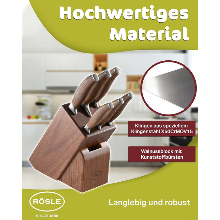Блок ножів RSLE Basic Line - Високоякісний 6-предметний бамбуковий блок ножів з 5 кухонними ножами, набором гострих ножів зі спеціальної сталі та ергономічними ручками. Базовий 6-предметний блок ножів (7-предметний блок ножів Passion)