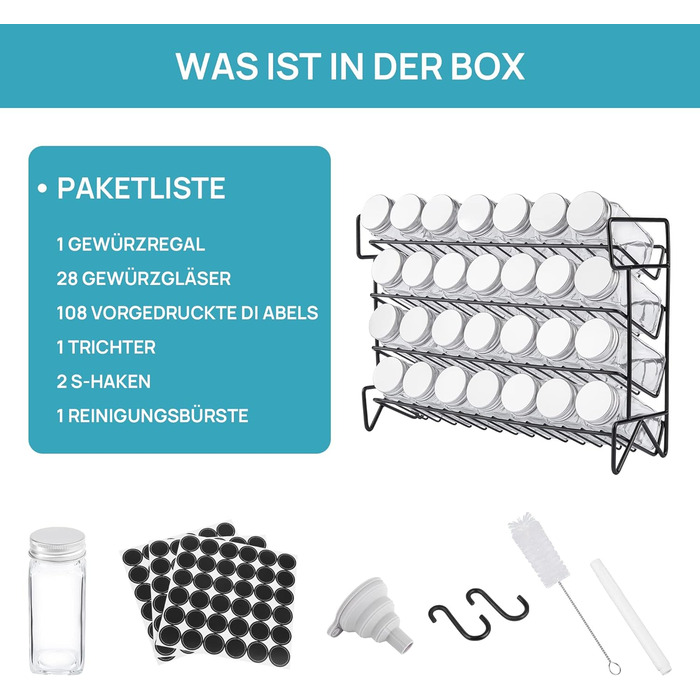 Набір із 28 баночок для спецій 120 мл зі стійкою 34 х 11 х 25 см на 4 полиці Vtopmart