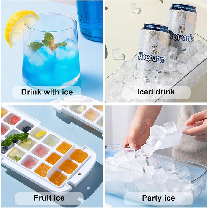 Форма для кубиків льоду, безпечна для харчових продуктів форма для кубиків льоду з кришкою та контейнером, видаляє всі кубики льоду за одну секунду, 64 кубики льоду (Синя форма для кубиків льоду) (Біла)
