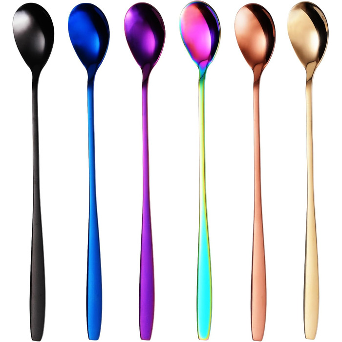 Набір ложок GRWE для лате макіато, золотистий, 6 предметів, 22 см, довгі ложки, ложки для коктейлів, десертні ложки, ложки для морозива, ложки для кави з льодом, нержавіюча сталь, можна мити в посудомийній машині (різнокольоровий)