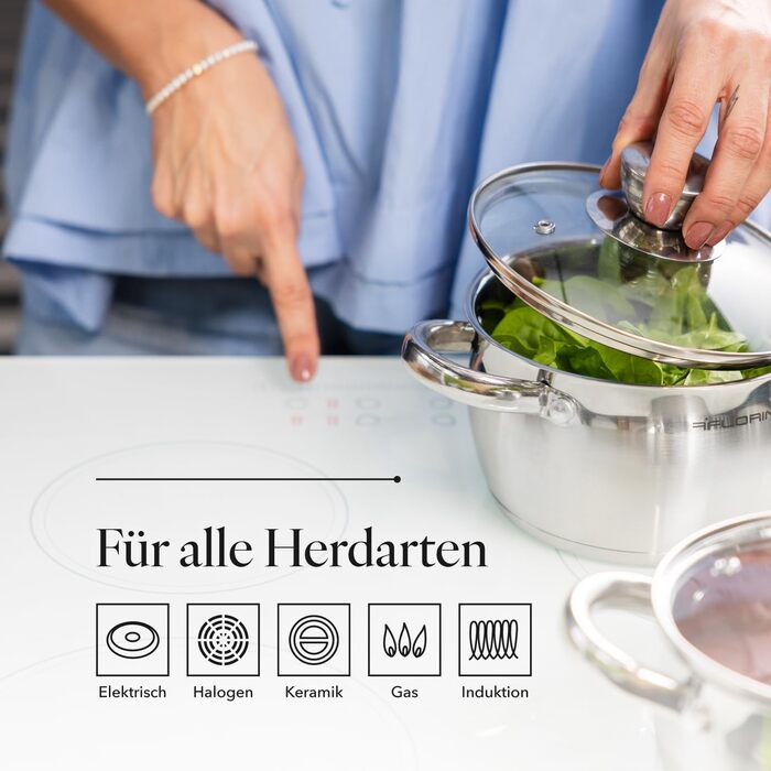 Набір посуду FLORINA OLIVER 4 предмети Нержавіюча сталь 18/0 Кришка із загартованого скла Для індукційних, газових, електричних та керамічних варильних поверхонь Можна мити в посудомийній машині Високоякісний набір посуду для кожної кухні, 8 предметів Oli