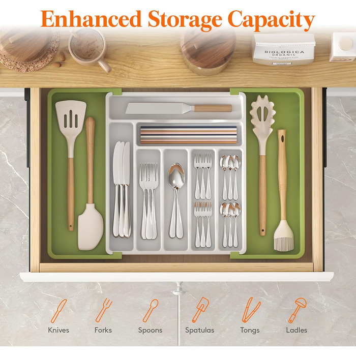Органайзер для столових приборів 57 х 38 см для шухляд, 9 відділень, зелений і білий Lifewit