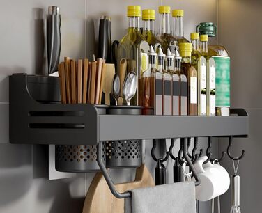 Підвісна підставка для спецій з металу, міцна кухонна полиця, настінна підставка для спецій, органайзер для спецій, кухонний органайзер, підставка для спецій з тримачем для рушників, Daojai, гачки та тримач для столових приборів, сіра, (50 см, чорна)