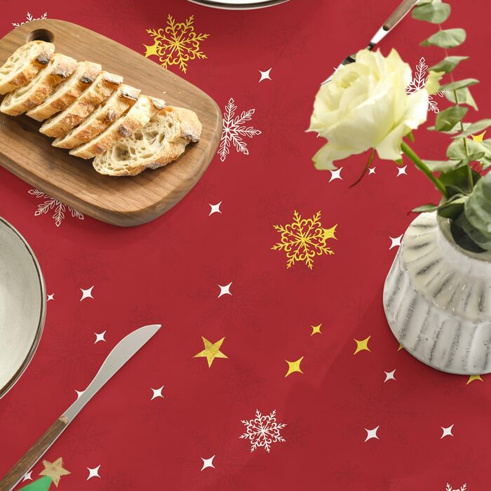 Модна різдвяна скатертина зі сніжинками, ялинками та зірками 140x110 см, зимова стійка до плям скатертина для кухні, декор для вечірки (кругла 120 см, червона)
