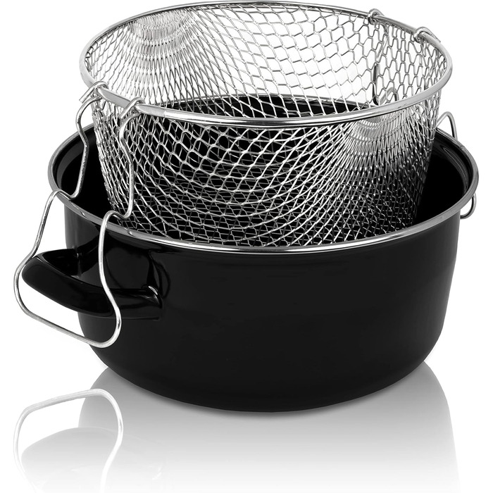 Емальована каструля 3,5 л для картоплі фрі з ставкою-сітом без кришки 24 см, чорна Krüger