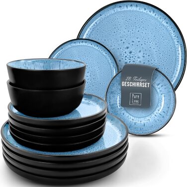 Керамогранітна глибока тарілка ТЕСТ ДУЖЕ ХОРОШИЙ Серія Ibiza Тарілки для макаронів Noble, тарілки для супу Deep стильна тарілка для пасти 6 персон - Набір посуду 6 персон, обідня тарілка, набір посуду Black With (набір з 18 предметів, темно-синій), 6 шт.