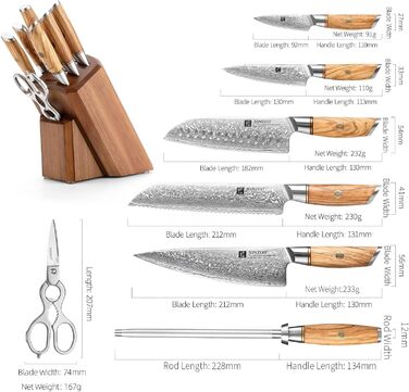 Набор кухонных ножей из дамасской стали в деревянном блоке, 8 предметов XINZUO