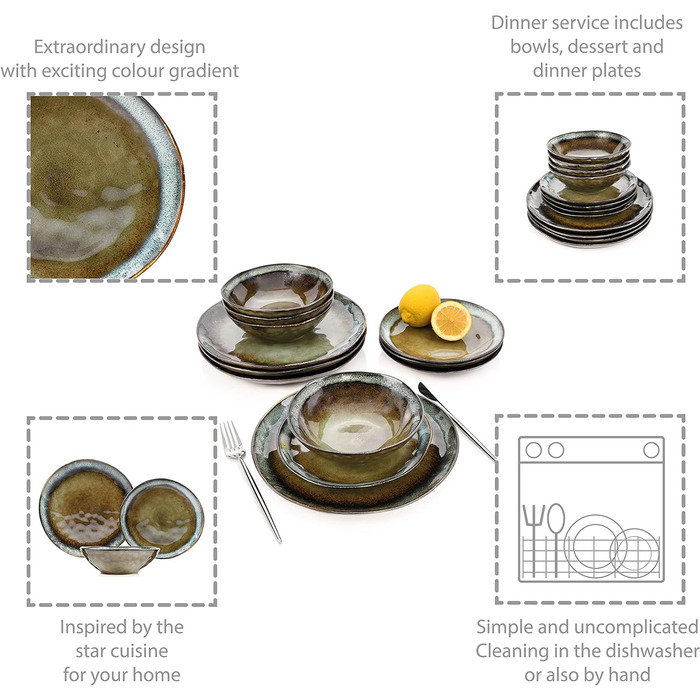 СПІВАЧКА Обідній сервіз Asti Stoneware, набір посуду з 12 предметів для 4 осіб, темний та унікальний дизайн, сучасний