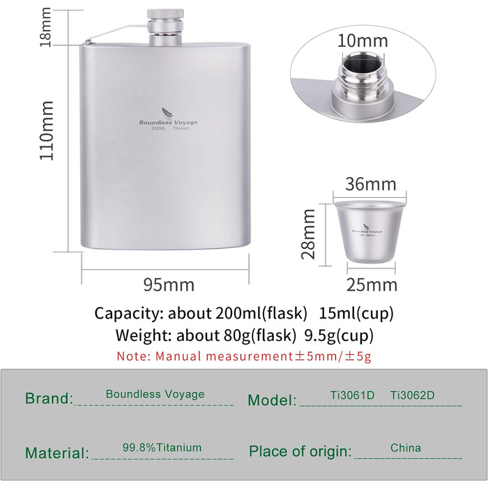 Титанова стегнова фляга 200 мл. iBasingo