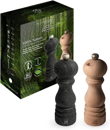 Подарочный набор Line - Мельница для перца Мельница для соли 12 см Воронка для специй - Классическая регулировка помола - Алюминий Сертифицированная PEFC древесина - Карбоновые краски (Paris Nature)