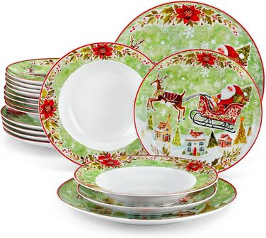 Серія 30-предметний порцеляновий різдвяний набір посуду для 6 осіб, різдвяний кавовий сервіз на 6 обідніх тарілок, 6 десертних тарілок, 6 супових тарілок, 6 кавових чашок та 6 блюдець (Різдвяний, 18-предметний обідній сервіз)