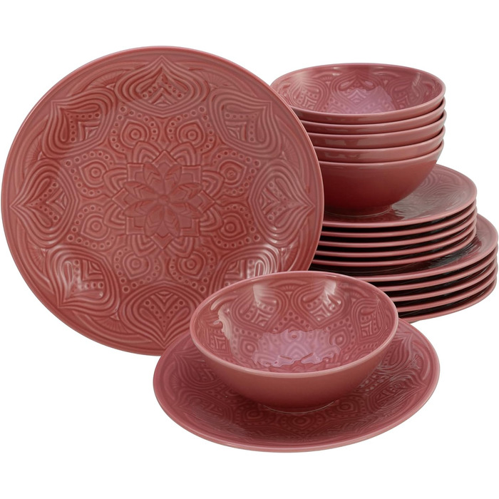 Серія Набір посуду Orient Mandala з 18 предметів, порцеляновий набір тарілок (набір тарілок 18 предметів, червоний), 21627