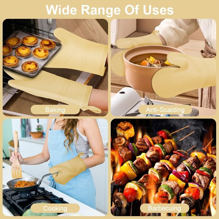 Набір рукавичок для духовки AUAUY, 1 пара силіконових рукавичок для духовки з 2 тримачами для каструль, нековзні кулінарні рукавички, термостійкі рукавички для духовки, рукавички для кухні, приготування їжі, випічки, гриля та барбекю (жовті)