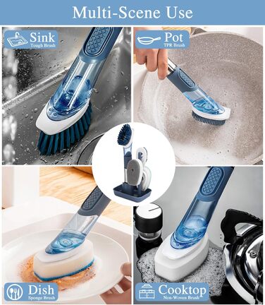 Щетка для посуды с дозатором для моющего средства с 4 сменными головками и держателем LEAZZLE