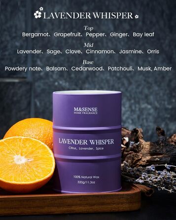Ароматичні свічки M&SENSE з натурального соєвого воску, натуральна соєва свічка для домашнього декору, тривалий час горіння до 70 годин, класні подарунки-свічки для чоловіків і жінок (320 г, шепіт лаванди)