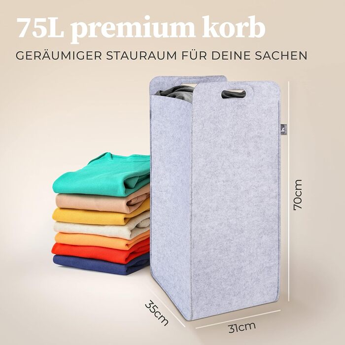 Кошик для білизни Повстяний вузький розбірний - Мішок для білизни Великий для брудної білизни Мішок для білизни Великий збірник білизни Фетр - Вузький компактний кошик для білизни Складна тканина світло-сірий кошик для прання 75 л світло-сірий