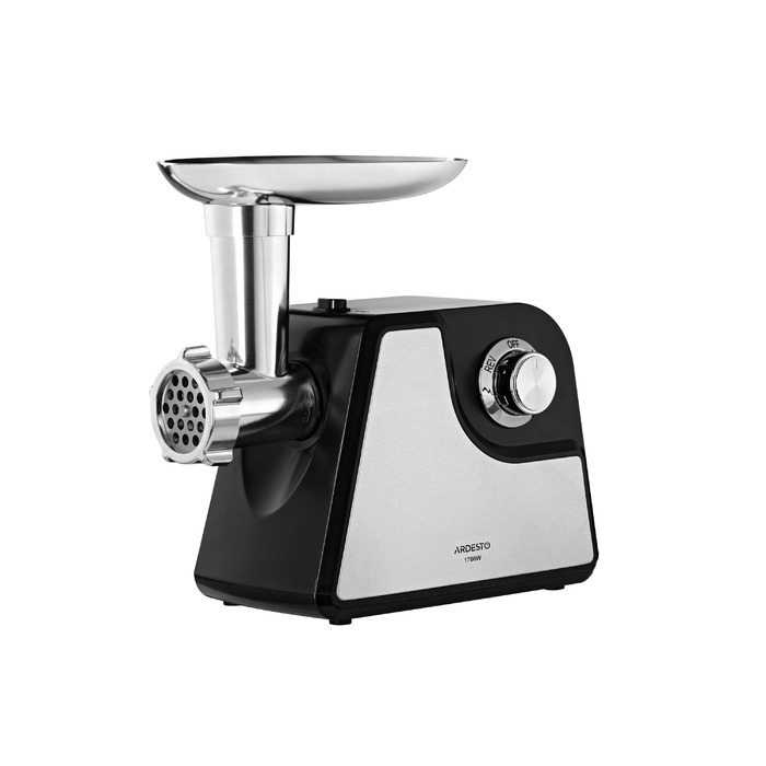 ARDESTO М'ясорубка, 1700Вт, продук.-1.6кг/хв, 2 решітки + для ковб., кеббе, насадка для томатів, пластик+метал, чорно-сріблястий