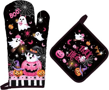 Різдвяний набір із 2 рукавичок для духовки та підставок для каструль Arquiel, 100 бавовняні кулінарні рукавички, термостійкі кухонні рукавички для приготування їжі, різдвяні подарунки на кухню для жінок (Хелловін 01, рукавички для духовки підставки для ка