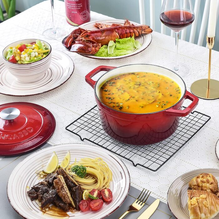 Чавунна сковорода Vancasso, чавунна каструля з кришкою, емальоване покриття Ø 5 л, індукційна каструля, каструля, чавунна сковорода для всіх типів плит, підходить для індукції, кругла, кремово-біла, 5 л біла (червона, 22 см)