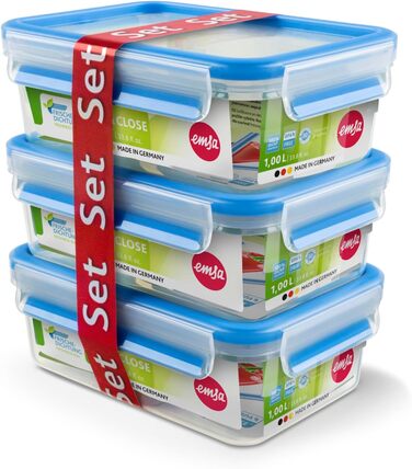 Набір контейнерів для зберігання харчових продуктів EMSA Clip & Close, прямокутні, 5 x 0,8 л, коробки для зберігання, 100 герметичні, придатні для миття в посудомийній машині, морозильної камери та мікрохвильової печі, прозорі, сині, зроблені в Німеччині,