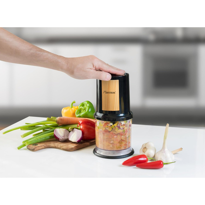 Электрический мультиизмельчитель Bestron, универсальный измельчитель с двумя режущими лезвиями и емкостью 500 мл, большая импульсная кнопка, 400 Вт, цвет (черный/дерево)