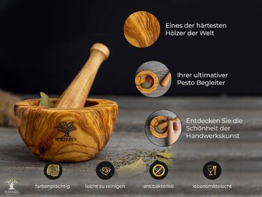 Оливковая ступка и набор пестиков - Ступка - Деревянная ступка - Экологичная ступка для трав и специй Диаметр ок. 12 см (в расплющенном виде Ø 14 см)