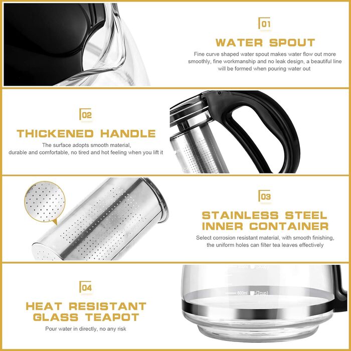 Чайник заварювальний скляний 1,5 л з фільтром для чаю OUNONA