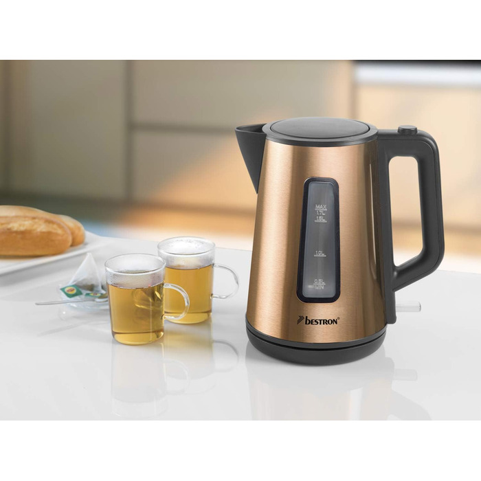 Чайник Bestron с цоколем 360, включая автоматическую остановку приготовления и защиту от сухого хода, обем 1,7 л, 2200 Вт, AWK2200BW, цвет черный / дерево (медь)
