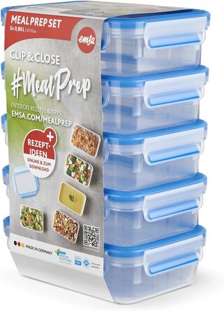 Набір з 5 прямокутних контейнерів для зберігання продуктів 0,8 л з кришками Clip & Close EMSA