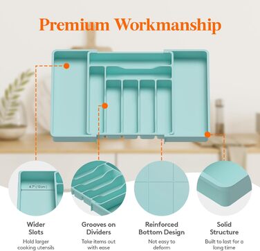 Органайзер для столових приборів 57 х 38 см для шухляд, 9 відділень, бірюзовий Lifewit