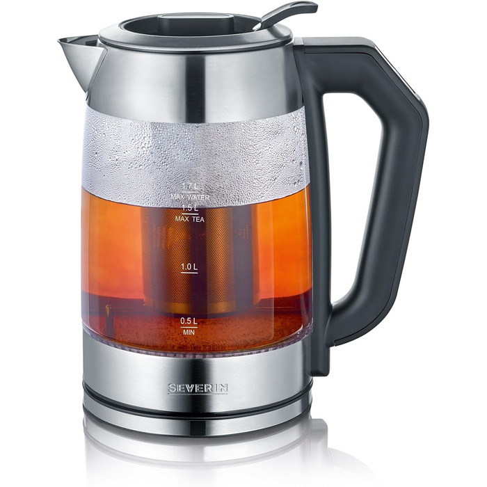 Стеклянный чайник и чайник SEVERIN, чайник с регулируемой температурой и временем заваривания, стеклянный чайник с предустановленными чайными программами, 3 000 Вт, нержавеющая сталь, WK 3479 (с ЖК-дисплеем, комплект с тостером 800 Вт нержавеющая сталь/че