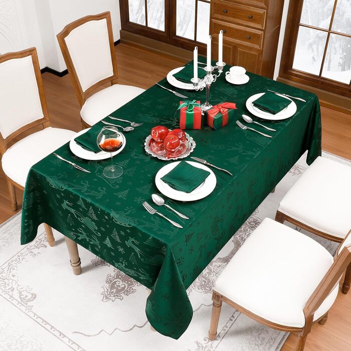 Маленька різдвяна скатертина Romanstile, яку можна прати та вона водовідштовхувальна, жакардові олені та ялинка, квадратна скатертина для журнального столика, святкова, подарункова (150 x 300 см, темно-зелена)